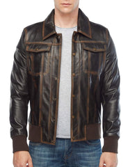 Rugged Distressed Brown Leather Bomber Jacket