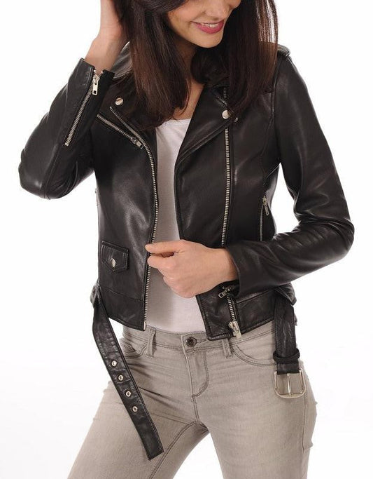 Serene Black Leather Biker Jacket