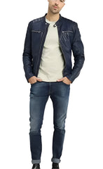 Silvano Blue Leather Biker Jacket