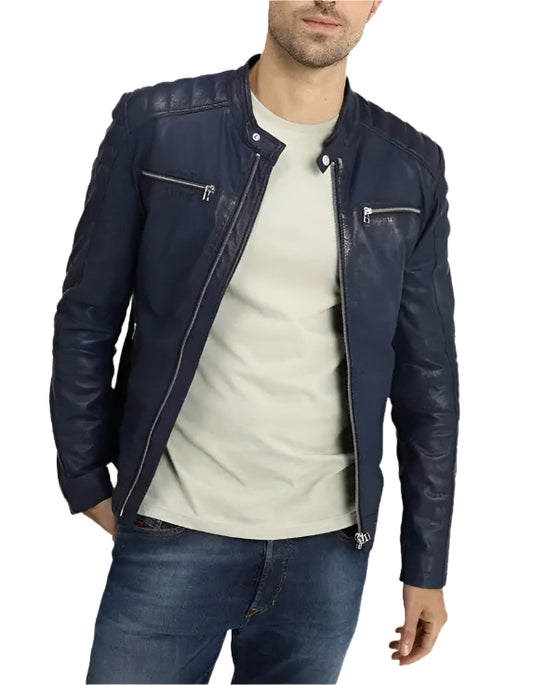 Silvano Blue Leather Biker Jacket