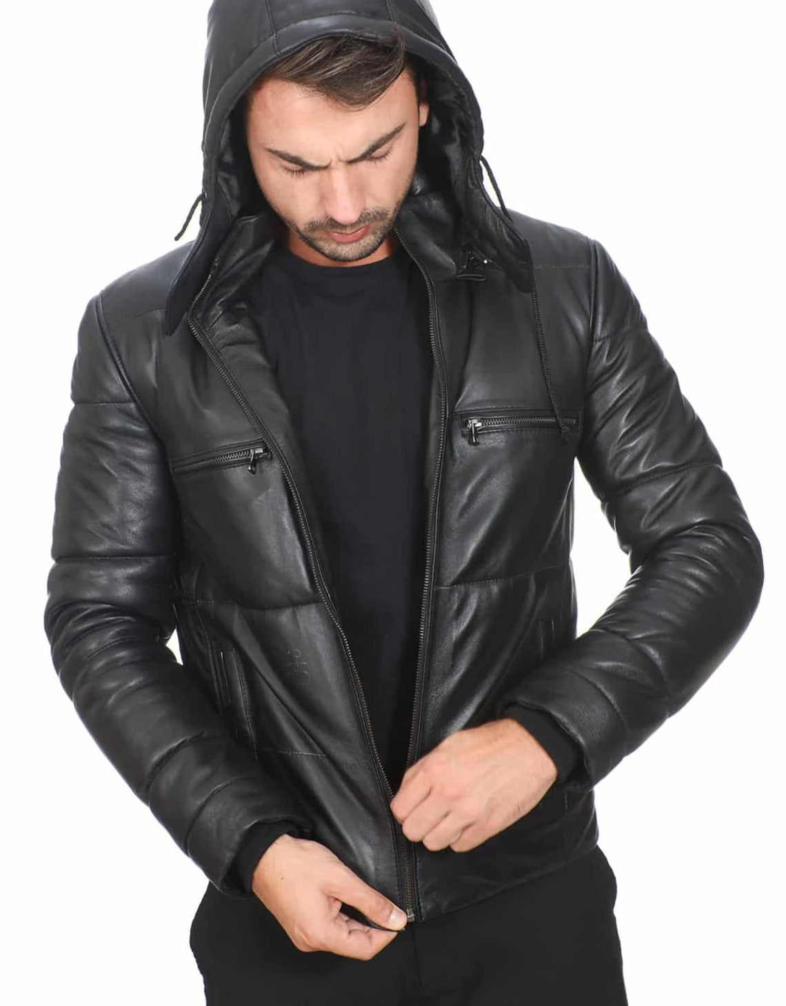 Stellar Black Detachable Hooded Leather Jacket