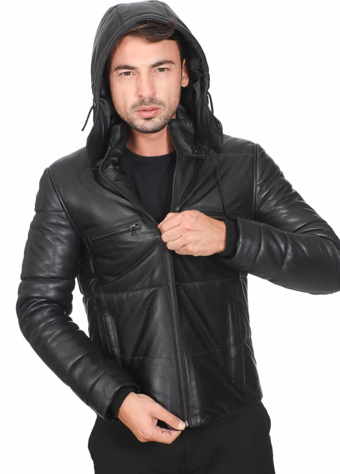 Stellar Black Detachable Hooded Leather Jacket