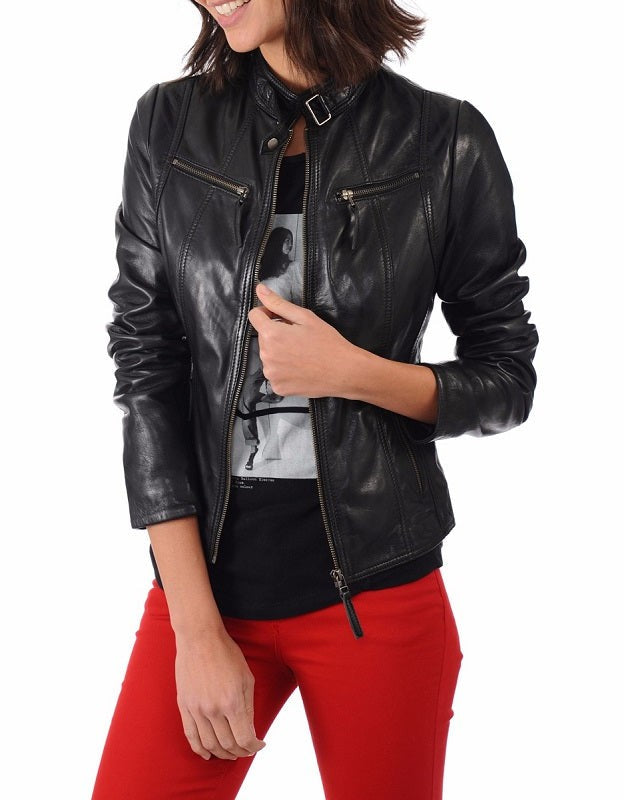 Unveil Timeless Beauty with an Authentic Black Lambskin Leather Jacket for Women