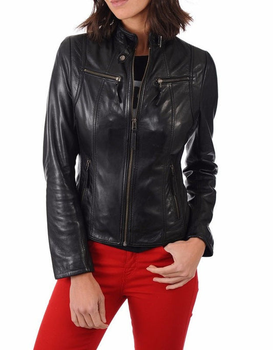 Unveil Timeless Beauty with an Authentic Black Lambskin Leather Jacket for Women