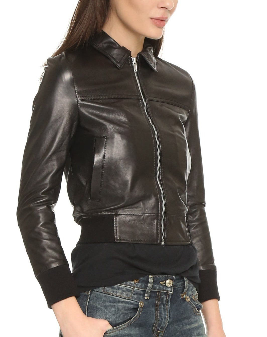 Utopia Black Leather Cropped Bomber Jacket