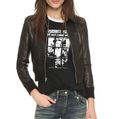 Utopia Black Leather Cropped Bomber Jacket