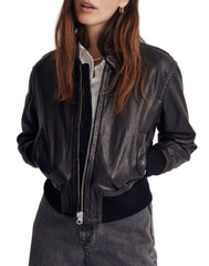 Valiant Black Washed Leather Bomber Jacket