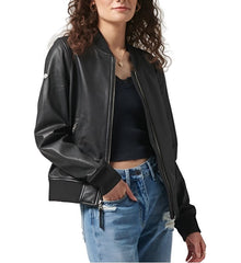 Vanilla Black Leather Bomber Jacket