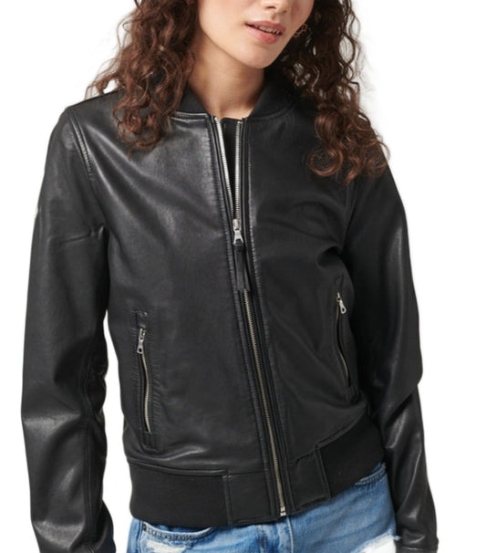 Vanilla Black Leather Bomber Jacket