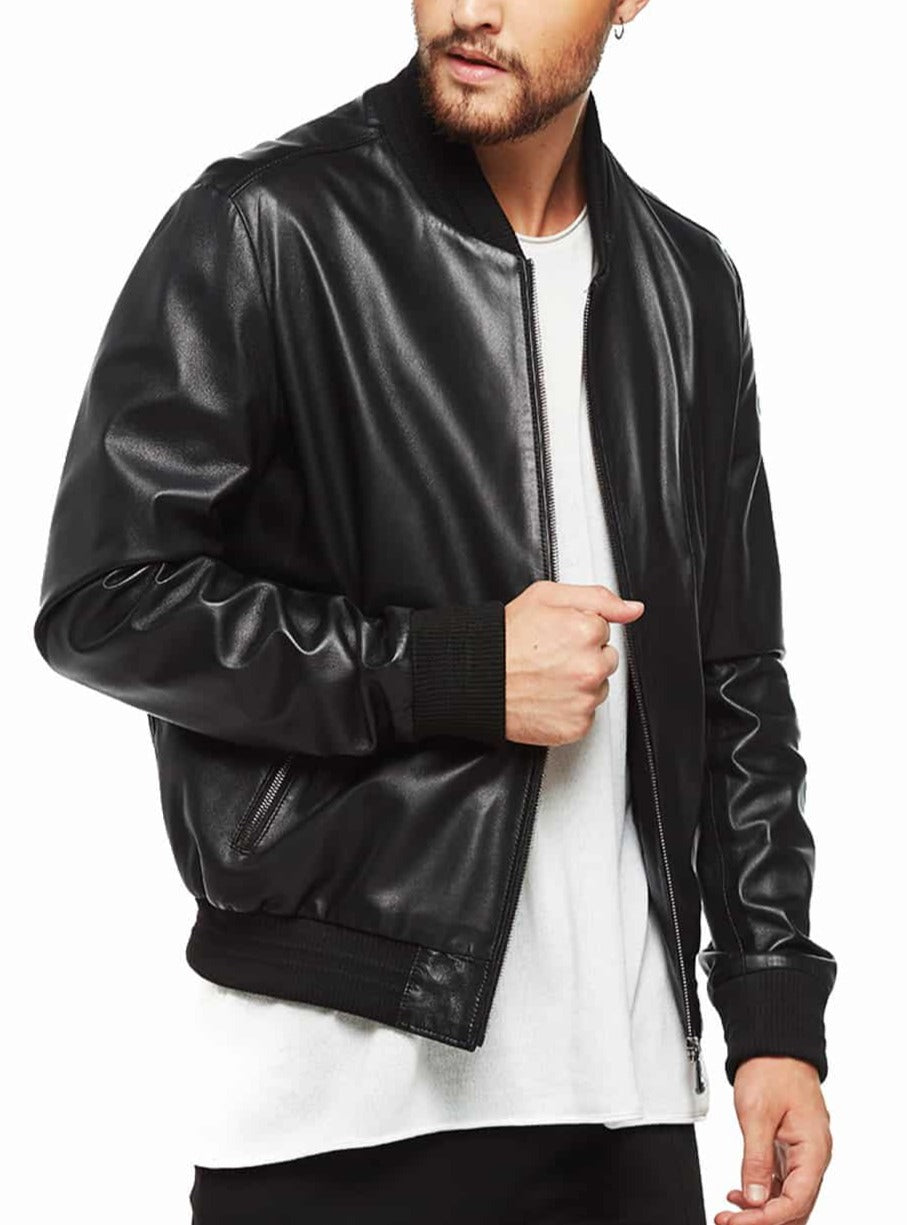 Velocity Black Leather Bomber Jacket