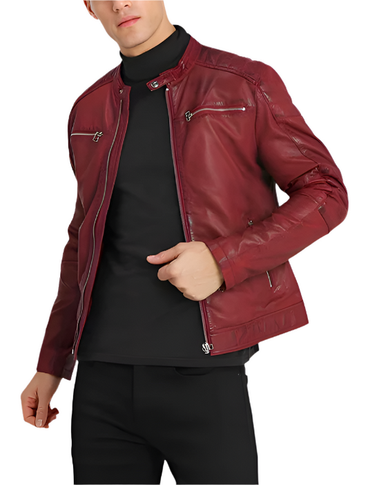 Vento Maroon Leather Biker Jacket