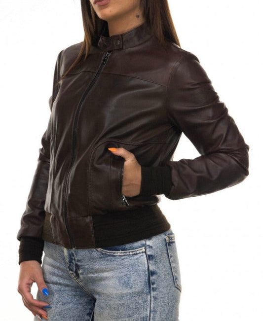 Vesper Dark Brown Leather Bomber Jacket