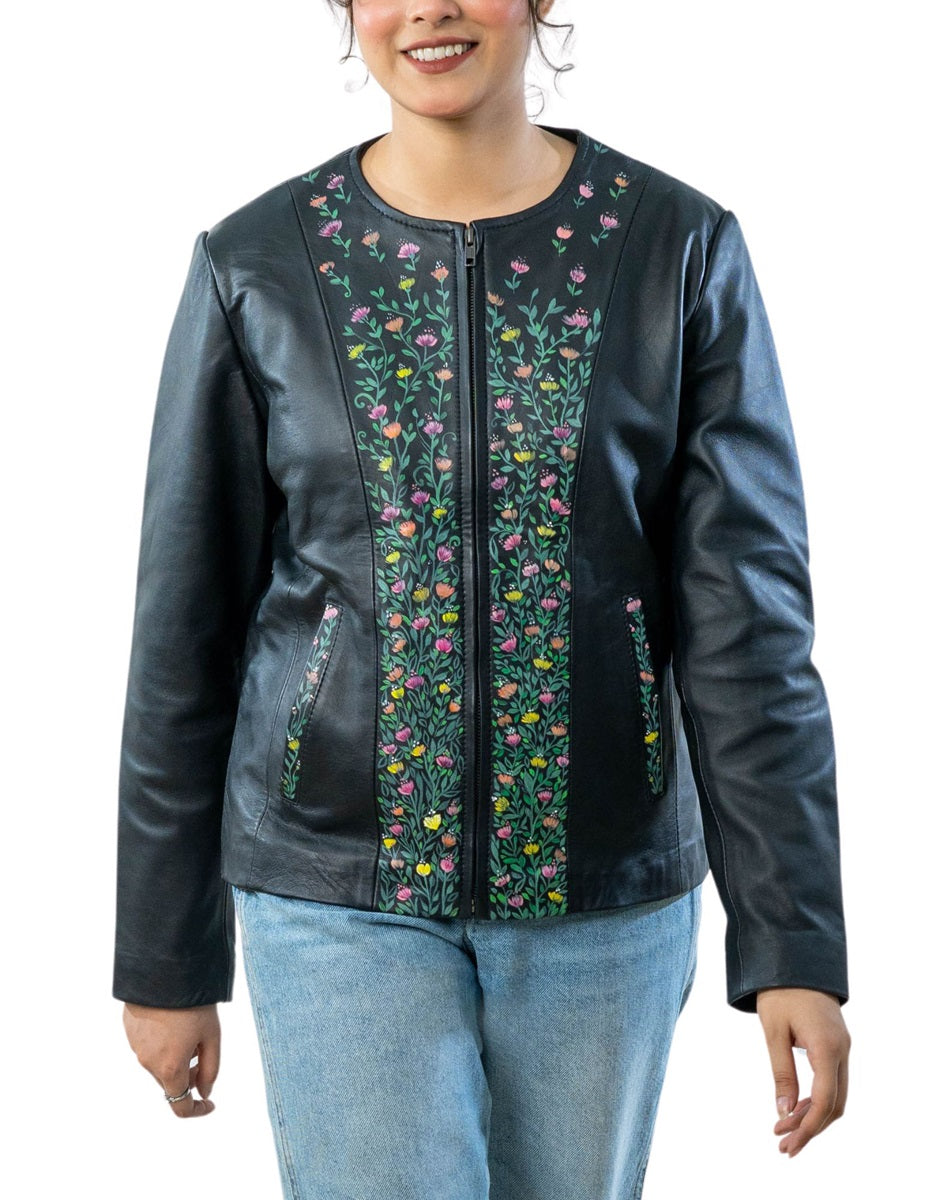 Vivid Hand-Painted Black Leather Biker Jacket front 2