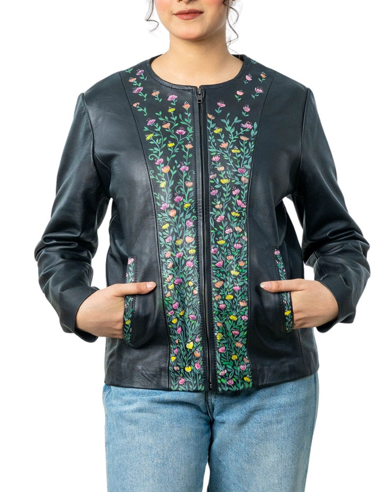 Vivid Hand-Painted Black Leather Biker Jacket front 2