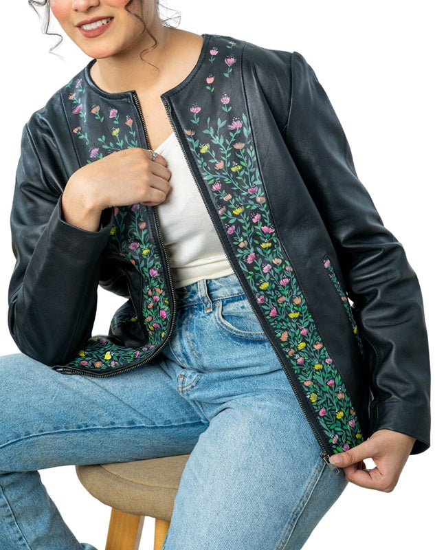 Vivid Hand-Painted Black Leather Biker Jacket Seated