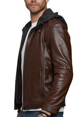 Volt Brown Detachable Hooded Leather Jacket