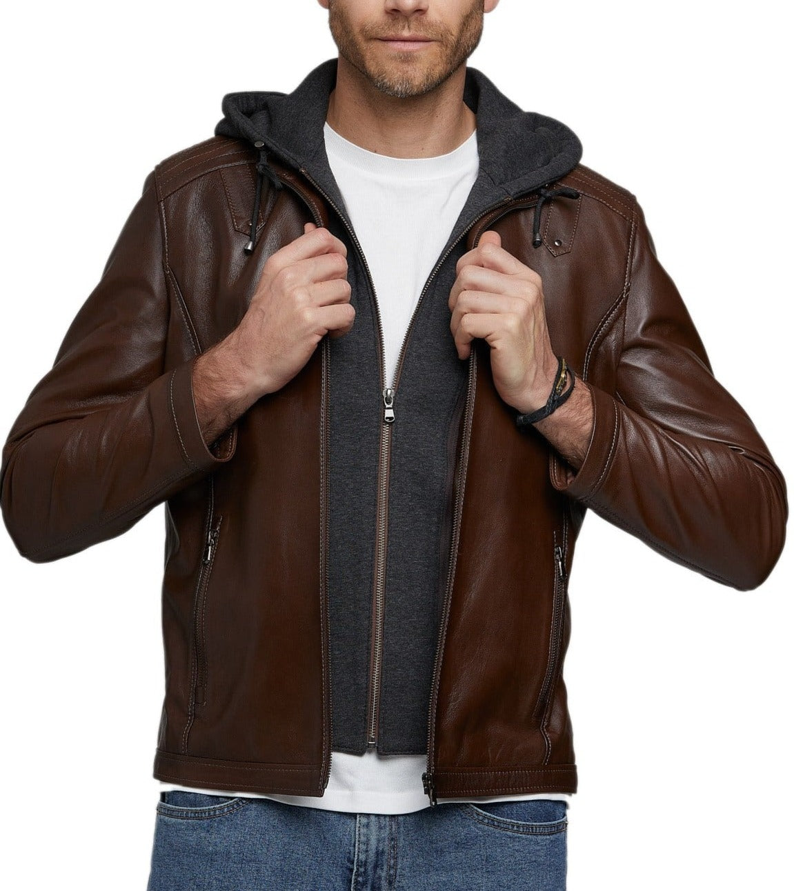 Volt Brown Detachable Hooded Leather Jacket