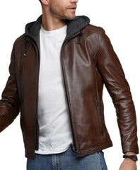 Volt Brown Detachable Hooded Leather Jacket