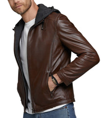 Volt Brown Detachable Hooded Leather Jacket