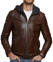 Volt Brown Detachable Hooded Leather Jacket