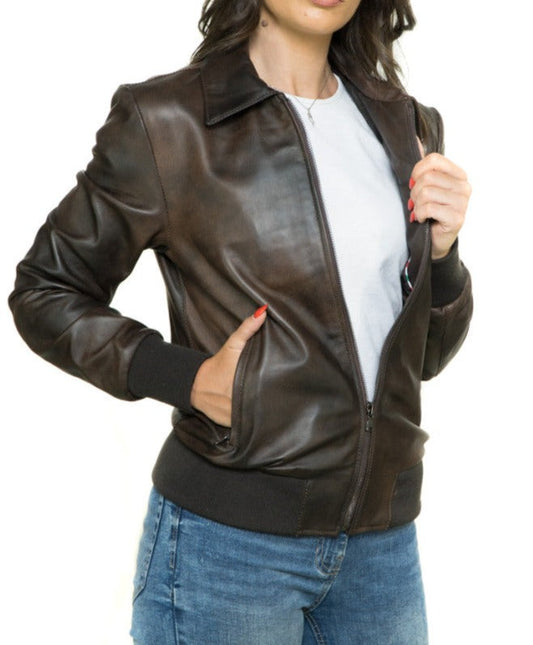 Willow Brown Leather Bomber Jacket