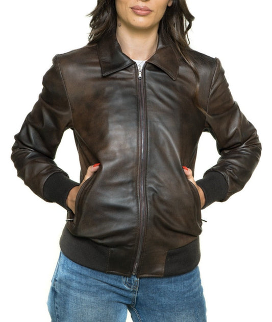 Willow Brown Leather Bomber Jacket