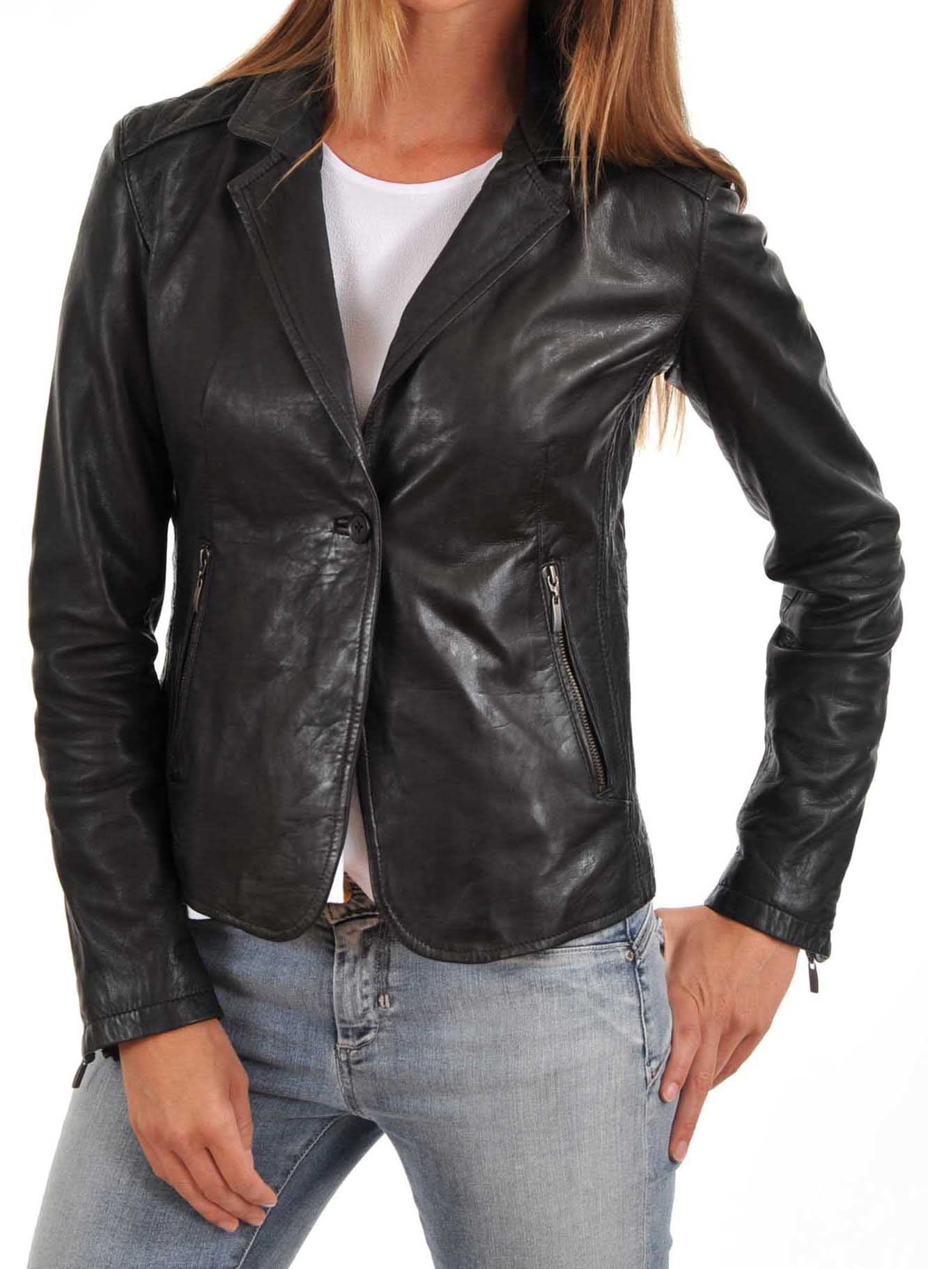 Women Leather Blazer : Elevate Your Look with Black Lambskin Leather Blazer