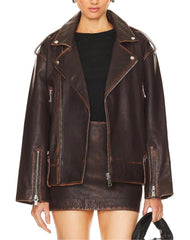 Dakota Distressed Brown Oversized Leather Jacket