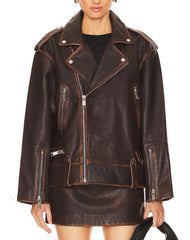 Dakota Distressed Brown Oversized Leather Jacket