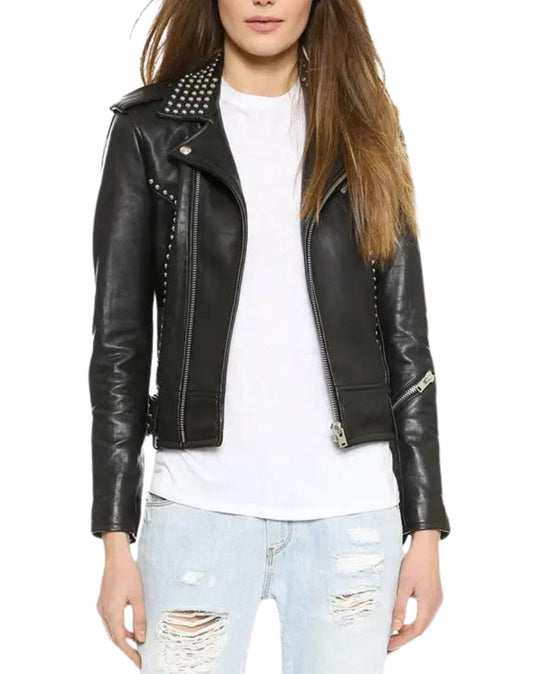 Aria Studded Black Biker Leather Jacket