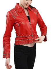 Bianca Studded Red Biker Leather Jacket