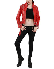 Bianca Studded Red Biker Leather Jacket