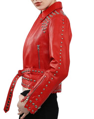 Bianca Studded Red Biker Leather Jacket