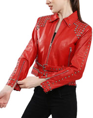 Bianca Studded Red Biker Leather Jacket