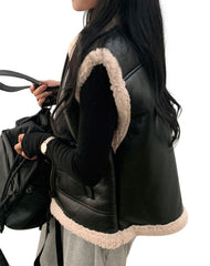 Elegancia Black Leather Vest With Sherpa