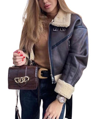 Elena Faux Shearling G-1 Brown Bomber Leather Jacket Front