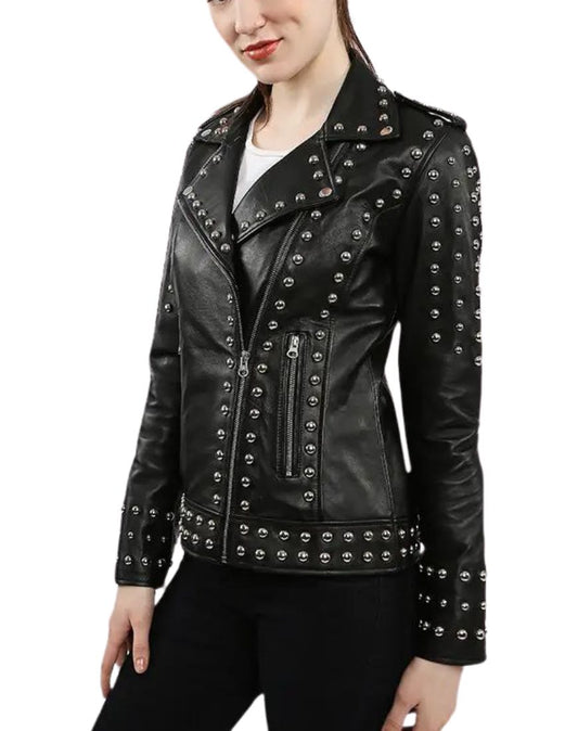 Eleonora Studded Black Biker Leather Jacket