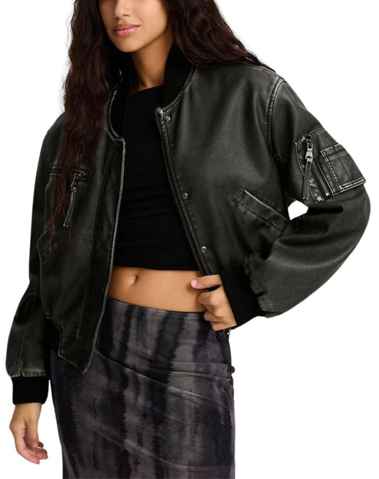 Women's Féline Vintage Black Bomber Leather Jacket