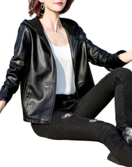 Gemma Black Hooded Leather Jacket