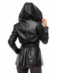 Halo Black Hooded Leather Coat