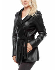 Halo Black Hooded Leather Coat