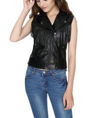 Women's Karla Black Tasseled Leather Vest