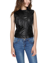 Women's Karla Black Tasseled Leather Vest