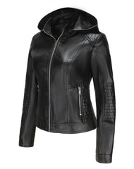 Lucia Black Removable Hoodie Leather Jacket