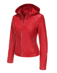 Nina Red Removable Hoodie Leather Jacket