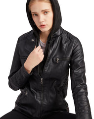 Rosa Black Removable Hooded Leather Jacket