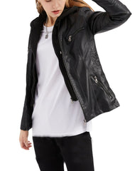 Rosa Black Removable Hooded Leather Jacket