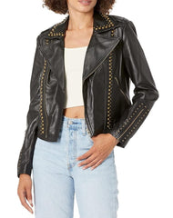 Serena Studded Black Biker Leather Jacket