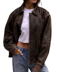 Solace Vintage Oversized Brown Bomber Leather Jacket