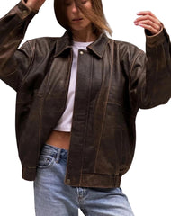 Solace Vintage Oversized Brown Bomber Leather Jacket